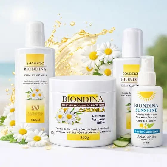 Kit Completo Biondina Camomila Shampoo 140ml + Condicionador 140ml + Máscara 200g - Hidratação, Brilho