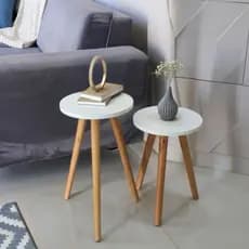 Kit 2 Mesinha Lateral Redonda Pés Palito Em Madeira | Canto Sofá - Cor Branco e Preto - Disponível em 2 e 1 Unidade