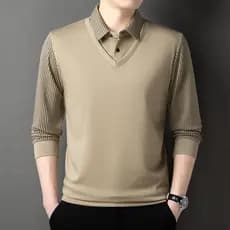 Camisa POLO de manga comprida masculina falsa de duas peças primavera outono abacaxi grade de meia-idade negócios Casual