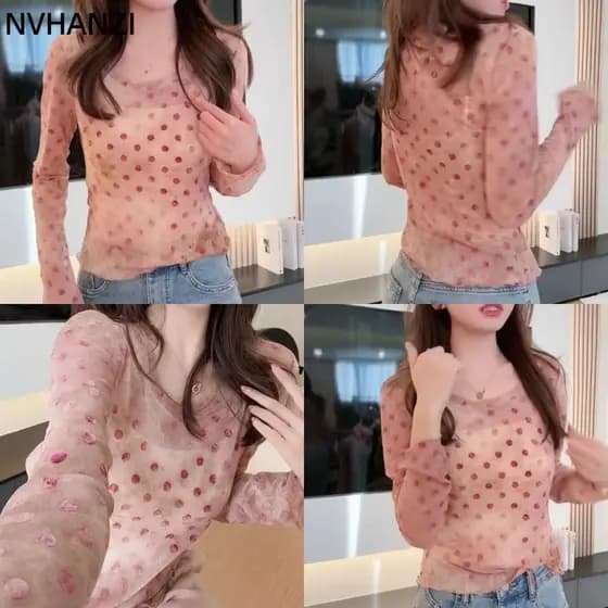 Rosa ligeiramente transparente Polka Dot manga comprida camiseta feminina primavera verão topo fino-ajuste gaze protetor