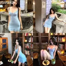 Menina quente estilo azul estilingue vestido feminino verão fino ajuste cintura estreita babados saia puro desejo aperta