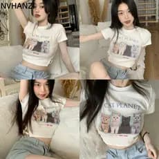 Camiseta de manga curta branca com estampa de gato Slim fit verão doce picante recortada curta Base de estudante