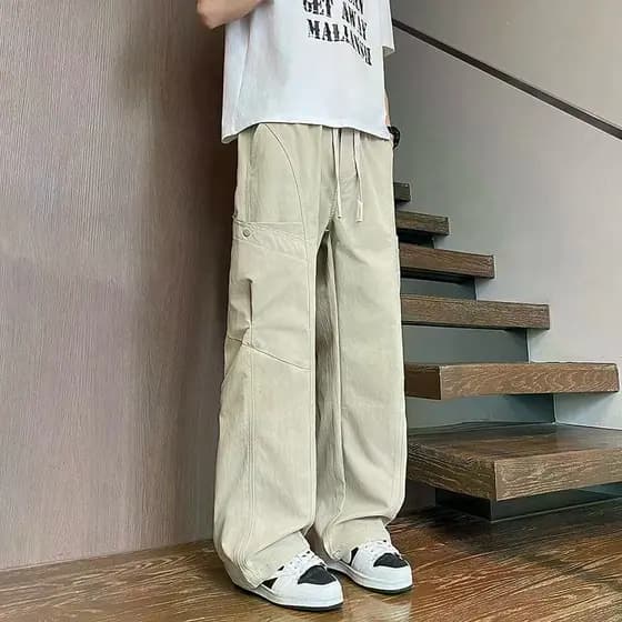 Macacão alongado de seda gelo masculino verão calças altas americano paraquedista calças de perna larga bonito high-End