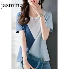 Top de algodão puro Plus Size roupas femininas em torno do pescoço costura camiseta de manga curta nicho Design verão mo