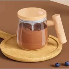 Caneca Auto Agitadora De Café Com Cabo De Madeira 400ml Elétrica 7000rpm Alta Velocidade Vidro