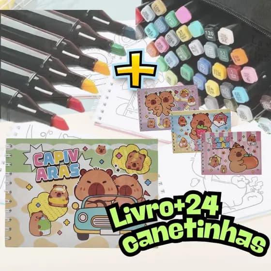 Kit Canetas Marcadoras Dupla Ponta + Livro de Colorir Capivara Ideal para Desenhos Pintura Criativa