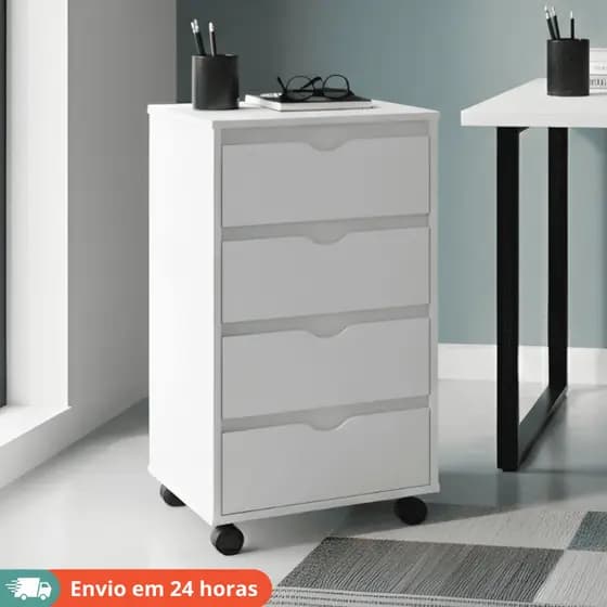 Gaveteiro 4 Gavetas Organizador Multiuso  Rodizios Home Office Escritório Carrinho Auxiliar