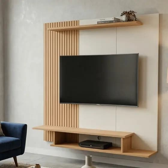 Painel para Tv até 55 Polegadas com Prateleira Nicho Sala MDF Luxo Off White Ripado