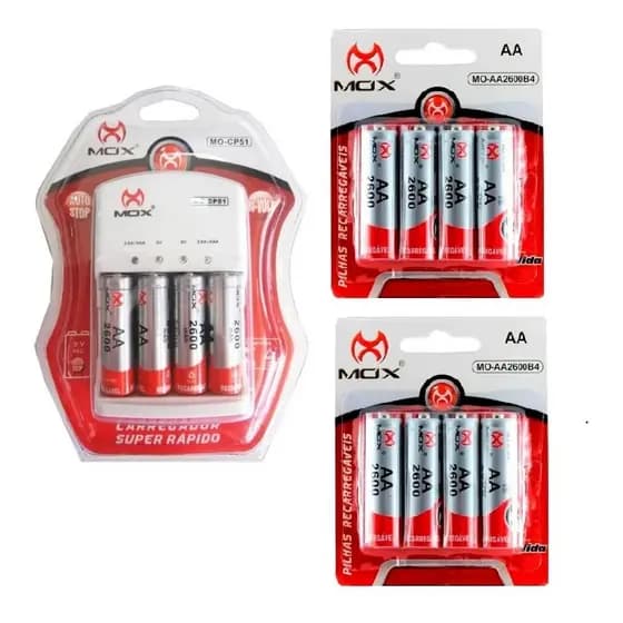 Kit 12 Pilhas AA Recarregaveis + Carregador De Pilhas e Bateria 9V Bivolt