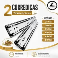 Kit 2 Corrediças de Gaveta Armarios Trilho Telescópica Light 25cm 30cm 35cm 40cm 45cm 50cm Aço Leve