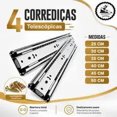 Kit 4 Corrediças de Gaveta Trilho Telescópica Light 25cm 30cm 35cm 40cm 45cm Aço Leve