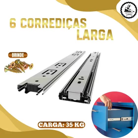 Kit 3 Pares Corrediça Trilho Telescópico Larga Gaveta Móveis 30cm 35cm 40cm 45cm 50cm Reforçada 6un