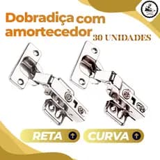 Kit 30 Dobradiça Com Amortecedor Caneco 35mm Reta Ou Curva Para Porta De Armário Móveis Marcenaria
