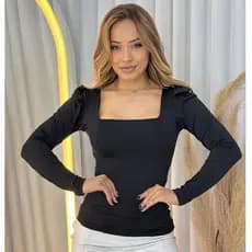 Blusa Feminina Manga Longa  Decote Quadrado Manga Princesa Bufante Lisa Inverno Forro duplo