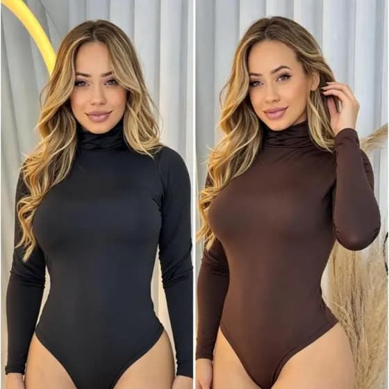 Kit 2 Body Feminino Manga longa Gola Alta Cacharrel Collant  inverno Mayo Suplex basico Elegante