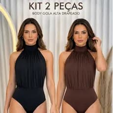 Kit 2 Body Gola Alta Frente Unica Plinssado Forro Duplo Collant Suplex Elegante Drapeado Costa nua