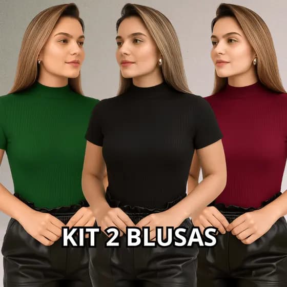 KIT 2 Blusa Canelada Feminina Gola Alta Manga Curta Canelado Premium  Modinha