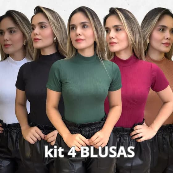 Kit 4 Blusa Canelada Feminina Gola Alta Manga Curta Modinha