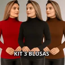 KIT 3 Blusa Feminina Manga Longa Gola Alta Canelado Cacharrel  Premium Inverno Casual