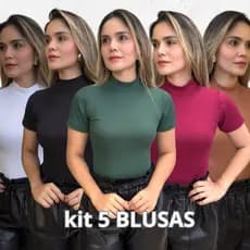 Kit 5 Blusa Canelada Feminina Gola Alta Manga Curta Modinha