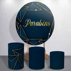 Capas para Paineis de Festa Trio Cilindros Retangular Diversos Feliz Aniversário Azul e Dourado