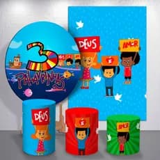 Painel Redondo + Retangular Kit Capas Com Trio de Cilindro Palavrinhas Religioso Tema "Jesus é Amor"