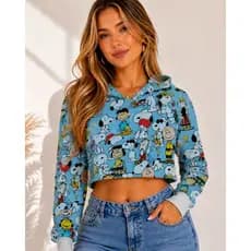 Blusa Cropped Moletom Feminina Manga Longa Capuz Full Estilo Casual Streetwear Moda Snoop Inverno