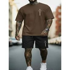 Conjunto Casual Masculino Camiseta Oversized Gola Canelada + Short Tactel Leve Estampa Cruz Jesus Cristo Roupa Natalina