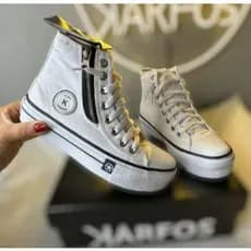 Tênis Bota Karfos Plataforma Jeans Feminino Zíper Cano Alto Volta Aulass!