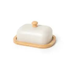 Porta Manteiga Premium em Aço Carbono com Base de Bambu Cor Areia | Manteigueira Decorativa 18,5x12,5x6cm
