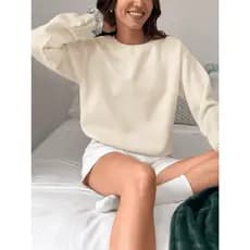 Blusa de Frio Moletom Gola Careca Redonda Feminino Mulher Off Whte Creme Algodão Versátil Super Confortável Fechado Sem Capuz Sem Bolso Unissex