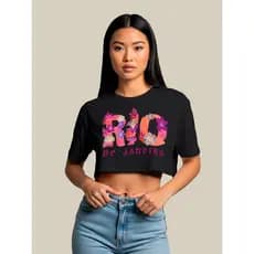 Cropped Oversized Feminina Blusa Curta Rio De Janeiro Carnaval Folia Rosa Tendencia blogueirinha
