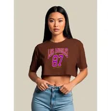 Camiseta Cropped Feminina Los Angeles 87 Retro Moda Gringa Ombro e Manga Caída 100% Algodão