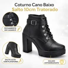Coturno Feminino Salto Bloco 10cm Sola Tratorada Confortável Cano Curto Promoção Moda Casual