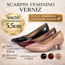 Scarpin Feminino Social Salto Baixo Bico Fino Verniz Confortável 34 ao 40 Casual Promoção Moda