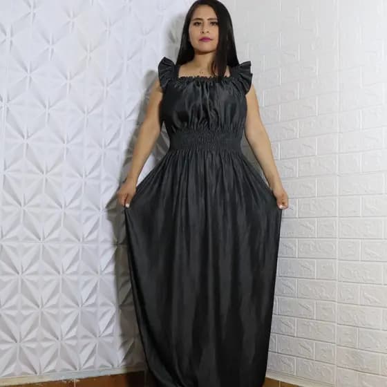 Vestido Longo Festa Elegante Casual Primavera Verão Jeans Tencel No Liso e Bordado