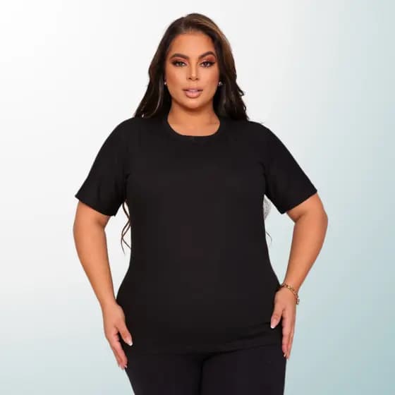 Camiseta Plus Size 100% Algodão Penteado Premium Feminino Manga Preto Cinza Branco