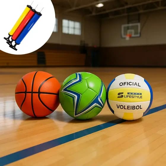 Kit 3 Bolas (Futebol + Vôlei + Basquete) + Bomba de Ar Esporte Jogo Treino Campo Quadra Ginásio Praia