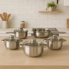 Jogo de Panelas 5 Peças Aço Inox com Tampa de Vidro Conjunto Kit Cozinha Restaurante Comida Almoço Jantar Inoxidável