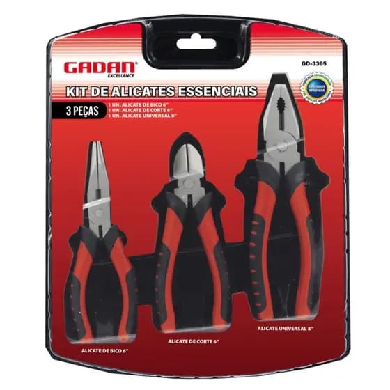 KIT 3 Alicates Profissionais Gadan GD-3365 Universal Corte e Bico