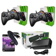 Kit de Acessórios Para Console Xbox 360 Slim 2 Controles + Cabo Força + Fonte Bivolt + Cabo HDMI 4K