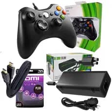 Kit de Acessórios Para Console Xbox 360 Slim 1 Controle Com Fio Usb + Cabo Força + Fonte Bivolt