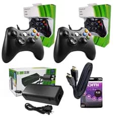 Kit Xbox 360 Slim 2 Controles Com Fio + Fonte Bivolt + Cabo Força + Cabo HDMI 4K