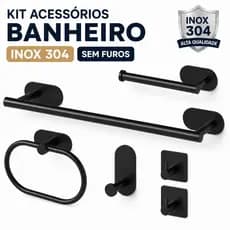 Kit Acessórios Banheiro Inox 304 Sem Furos Porta Toalha Suporte Papel Higiênico Ganchos Autoadesivos