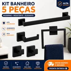 Kit Acessórios Banheiro Inox 304 5 Peças Alto Luxo Preto Fosco Toalheiro Porta Papel e Ganchos