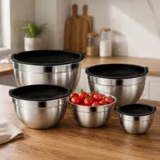 Kit Conjunto 5 Bowls Tigelas Inox Tampa Plástica para Cozinha Pote Saladeira Vasilha Aço Inoxidável