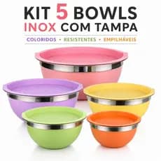 Kit Conjunto de 5 Bowls Tigelas Inox Coloridas com Tampa Empilháveis para Cozinha Organizada