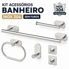 Kit Acessórios Banheiro Inox 304 Sem Furos Porta Toalha Suporte Papel Higiênico Ganchos Autoadesivos