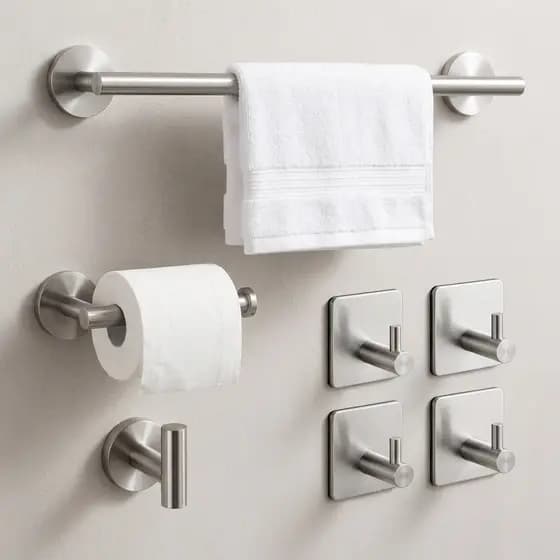 Kit Acessórios Banheiro Inox 304 Premium 7 Peças Preto ou Prata  - Toalheiro, Porta Papel e Ganchos