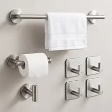 Kit Acessórios Banheiro Inox 304 Premium 7 Peças Preto ou Prata  - Toalheiro, Porta Papel e Ganchos